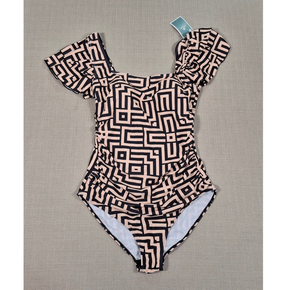 Eomenie‎ Womens Tummy Control One Piece Swimsuit Ruffle Square Neck Geometric L
